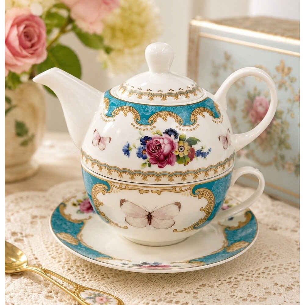 Fanquare Butterfly Tea For One Set Teapot Cup Saucer Floral Blue Porcelain